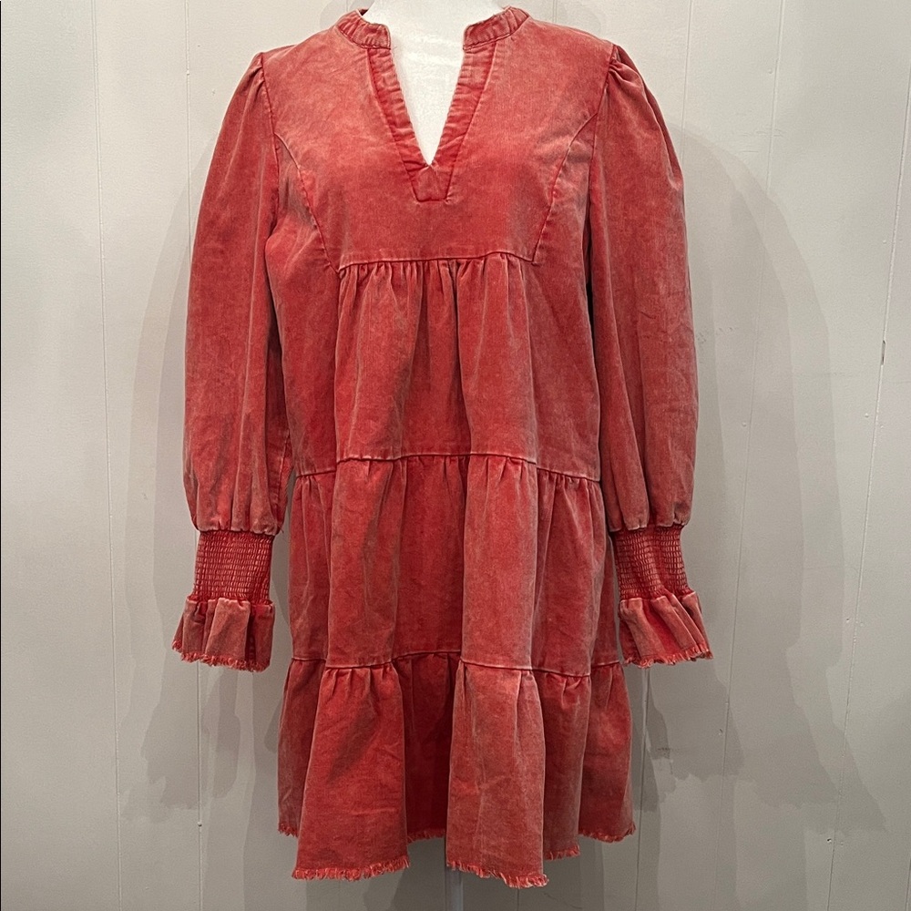 Umgee Coral Tiered Corduroy Mini Dress